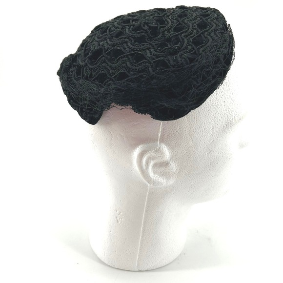 Accessories - Vintage Black Lace Pillbox Hat Fascinator with Netting Veil Mid Century Style